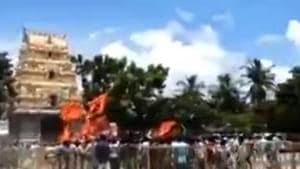 On Tuesday, hundreds of activists belonging to various Hindu groups, including Vishva Hindu Parishad, Bajrang Dal, Rashtriya Swayamsevak Sangh, Haindava Sakthi, Hindu Chaitanya Vedika and Dharmaveer Adhyatmik Vedika, etc, stormed the temple located at the confluence of River Godavari. (Videograb) On Tuesday, hundreds of activists belonging to various Hindu groups, including Vishva Hindu Parishad, Bajrang Dal, Rashtriya Swayamsevak Sangh, Haindava Sakthi, Hindu Chaitanya Vedika and Dharmaveer Adhyatmik Vedika, etc, stormed the temple located at the confluence of River Godavari. (Videograb)