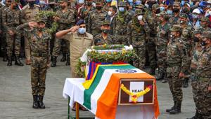 Army officials pay tribute to Special Frontier Force (SFF) commando Nyima Tenzin during a wreath-laying ceremony in Devachan, Leh.(PTI) Army officials pay tribute to Special Frontier Force (SFF) commando Nyima Tenzin during a wreath-laying ceremony in Devachan, Leh.(PTI)