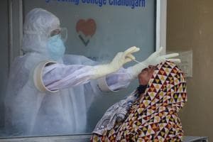 Patients being tested for coronavirus at the Panchkula Civil Hospital on Tuesday.(Sant Arora/Hindustan Times) Patients being tested for coronavirus at the Panchkula Civil Hospital on Tuesday.(Sant Arora/Hindustan Times)