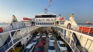 An M2M Ro-Ro ferry with its complement of cars.(M2M Ferries) An M2M Ro-Ro ferry with its complement of cars.(M2M Ferries)