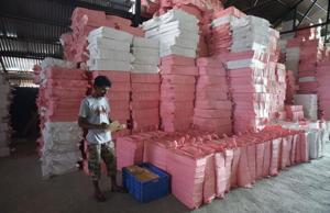 A worker packing pencil slats that have been stacked in bags inside a factory at Lassipora industrial estate in Pulwama district of Kashmir. The raw material for making pencils is supplied from here to manufacturers across the country.(Waseem Andrabi/HT) A worker packing pencil slats that have been stacked in bags inside a factory at Lassipora industrial estate in Pulwama district of Kashmir. The raw material for making pencils is supplied from here to manufacturers across the country.(Waseem Andrabi/HT)