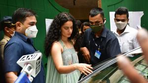 Kangana Ranaut outside her Mumbai office premises on Thursday. (Varinder chawla) Kangana Ranaut outside her Mumbai office premises on Thursday. (Varinder chawla)