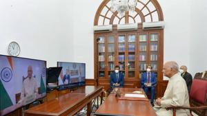 President Ram Nath Kovind accepts 'Letter of Credence' from Simon Wong Wie Kuen, High Commissioner of Singapore, during a virtual ceremony in New Delhi on Thursday.(PTI) President Ram Nath Kovind accepts 'Letter of Credence' from Simon Wong Wie Kuen, High Commissioner of Singapore, during a virtual ceremony in New Delhi on Thursday.(PTI)