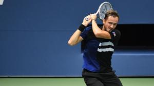 Sep 9, 2020; Flushing Meadows, New York,USA; Daniil Medvedev of Russia hits a backhand against Andrey Rublev of Russia (not pictured) in a men's singles quarter-finals match on day nine of the 2020 U.S. Open tennis tournament at USTA Billie Jean King National Tennis Center.(USA TODAY Sports) Sep 9, 2020; Flushing Meadows, New York,USA; Daniil Medvedev of Russia hits a backhand against Andrey Rublev of Russia (not pictured) in a men's singles quarter-finals match on day nine of the 2020 U.S. Open tennis tournament at USTA Billie Jean King National Tennis Center.(USA TODAY Sports)
