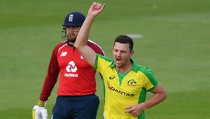 Cricket - Third T20 International - England v Australia - Rose Bowl, Southampton, Britain - September 8, 2020 Australia's Josh Hazlewood celebrates the wicket of England's Tom Banton(REUTERS) Cricket - Third T20 International - England v Australia - Rose Bowl, Southampton, Britain - September 8, 2020 Australia's Josh Hazlewood celebrates the wicket of England's Tom Banton(REUTERS)