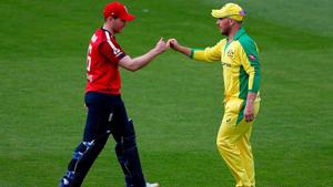 Eoin Morgan and Aaron Finch greet after a match.(Getty Images)