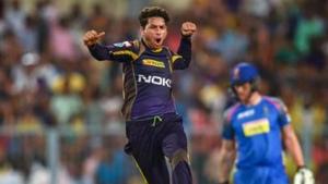 Kolkata: Kolkata Knight Riders bowler Kuldeep Yadav reacts after the dismissal of Rajasthan Royals' S Binny (unseen), during their IPL cricket match, in Kolkata, on Tuesday. (PTI Photo/Swapan Mahapatra) (PTI5_15_2018_000228b)(PTI) Kolkata: Kolkata Knight Riders bowler Kuldeep Yadav reacts after the dismissal of Rajasthan Royals' S Binny (unseen), during their IPL cricket match, in Kolkata, on Tuesday. (PTI Photo/Swapan Mahapatra) (PTI5_15_2018_000228b)(PTI)