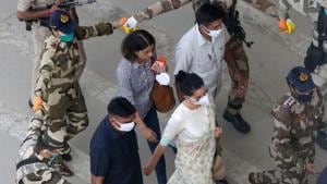 Security personnel accompany Kangna Ranaut at Chandigarh International Airport on September 9.(HT Photo) Security personnel accompany Kangna Ranaut at Chandigarh International Airport on September 9.(HT Photo)