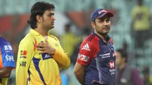 MS Dhoni and Virender Sehwag during the 2012 IPL.(Getty Images) MS Dhoni and Virender Sehwag during the 2012 IPL.(Getty Images)