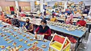 Workers assembling toys at the Little Genius Toys factory in Greater Noida.(Raj K Raj/HT PHOTO) Workers assembling toys at the Little Genius Toys factory in Greater Noida.(Raj K Raj/HT PHOTO)