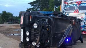 The pilot car travelling ahead of Sangma’s vehicle was destroyed completely in the accident.(HT Photo) The pilot car travelling ahead of Sangma’s vehicle was destroyed completely in the accident.(HT Photo)