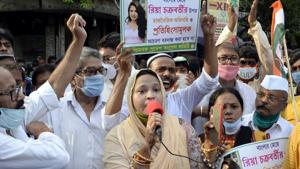 Congress activists take part in a demonstration to protest against the arrest of actress Rhea Chakraborty in Kolkata on Saturday.(ANI Photo) Congress activists take part in a demonstration to protest against the arrest of actress Rhea Chakraborty in Kolkata on Saturday.(ANI Photo)