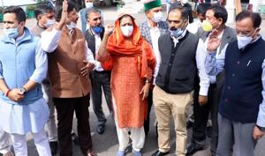 Leader of opposition Mukesh Agnihotri along and other Congress MLAs staging a walkout from the House on Monday.(Deepak Sansta / HT) Leader of opposition Mukesh Agnihotri along and other Congress MLAs staging a walkout from the House on Monday.(Deepak Sansta / HT)