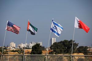 The flags of the US, United Arab Emirates, Israel and Bahrain flutter along a road in Netanya, Israel.(Reuters Photo) The flags of the US, United Arab Emirates, Israel and Bahrain flutter along a road in Netanya, Israel.(Reuters Photo)