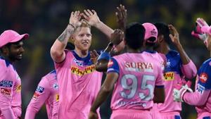 Rajasthan Royals (RR) bowler Ben Stokes celebrates with his teammates.(PTI) Rajasthan Royals (RR) bowler Ben Stokes celebrates with his teammates.(PTI)