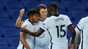 Soccer Football - Premier League - Brighton & Hove Albion v Chelsea - The American Express Community Stadium, Brighton, Britain - September 14, 2020. Chelsea's Reece James celebrates scoring their second goal with Andreas Christensen and Kurt Zouma. Pool via REUTERS/Peter Cziborra EDITORIAL USE ONLY. No use with unauthorized audio, video, data, fixture lists, club/league logos or 'live' services. Online in-match use limited to 75 images, no video emulation. No use in betting, games or single club/league/player publications. Please contact your account representative for further details.(Pool via REUTERS) Soccer Football - Premier League - Brighton & Hove Albion v Chelsea - The American Express Community Stadium, Brighton, Britain - September 14, 2020. Chelsea's Reece James celebrates scoring their second goal with Andreas Christensen and Kurt Zouma. Pool via REUTERS/Peter Cziborra EDITORIAL USE ONLY. No use with unauthorized audio, video, data, fixture lists, club/league logos or 'live' services. Online in-match use limited to 75 images, no video emulation. No use in betting, games or single club/league/player publications. Please contact your account representative for further details.(Pool via REUTERS)