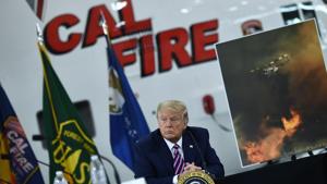 US President Donald Trump speaks during a briefing on wildfires with local and federal fire and emergency officials at Sacramento McClellan Airport in McClellan Park, California on September 14.(AFP) US President Donald Trump speaks during a briefing on wildfires with local and federal fire and emergency officials at Sacramento McClellan Airport in McClellan Park, California on September 14.(AFP)