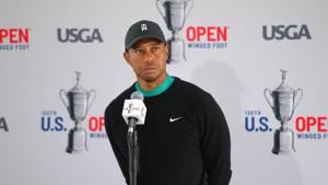 Sep 15, 2020; Mamaroneck, New York, USA; Tiger Woods meets the media after his practice round for the 2020 U.S. Open golf tournament at Winged Foot Golf Club - West. Mandatory Credit: Brad Penner-USA TODAY Sports(USA TODAY Sports) Sep 15, 2020; Mamaroneck, New York, USA; Tiger Woods meets the media after his practice round for the 2020 U.S. Open golf tournament at Winged Foot Golf Club - West. Mandatory Credit: Brad Penner-USA TODAY Sports(USA TODAY Sports)