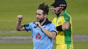 England's Chris Woakes celebrates the wicket of Australia's Aaron Finch.(Pool via REUTERS) England's Chris Woakes celebrates the wicket of Australia's Aaron Finch.(Pool via REUTERS)