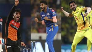 Rashid Khan, Jasprit Bumrah and Deepak Chahar are strong choices to win the Purple Cap this IPL season.(Getty Images) Rashid Khan, Jasprit Bumrah and Deepak Chahar are strong choices to win the Purple Cap this IPL season.(Getty Images)
