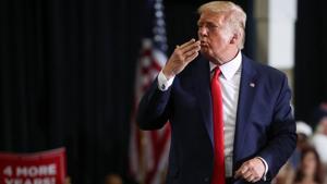 US President Donald Trump blows a kiss to the crowd as he concludes a campaign rally with supporters in Henderson, Nevada on September 13.(Reuters file) US President Donald Trump blows a kiss to the crowd as he concludes a campaign rally with supporters in Henderson, Nevada on September 13.(Reuters file)