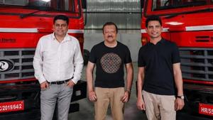 Chetan Singhal, Sid Das and Subodh Yadav (from Left to Right) with IPLT Rhino 5536 Electric Truck.(IPLTech Electric Pvt Ltd) Chetan Singhal, Sid Das and Subodh Yadav (from Left to Right) with IPLT Rhino 5536 Electric Truck.(IPLTech Electric Pvt Ltd)