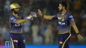 Nitish Rana celebrates a wicket with his KKR captain Dinesh Karthik(Getty Images) Nitish Rana celebrates a wicket with his KKR captain Dinesh Karthik(Getty Images)