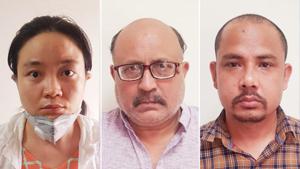 (From left) Qing Shi; Rajeev Sharma; Sher Singh aka Raj Bohra.(Photos: Delhi police) (From left) Qing Shi; Rajeev Sharma; Sher Singh aka Raj Bohra.(Photos: Delhi police)