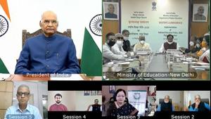 President Ram Nath Kovind attends the visitors' conference on implementation of NEP 2020, in New Delhi on Saturday.(PTI) President Ram Nath Kovind attends the visitors' conference on implementation of NEP 2020, in New Delhi on Saturday.(PTI)
