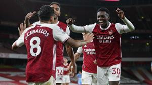 Arsenal's Eddie Nketiah, right, celebrates scoring his side's second goal during the English Premier League.(AP) Arsenal's Eddie Nketiah, right, celebrates scoring his side's second goal during the English Premier League.(AP)