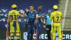 CSK and Mumbai Indians players after the first cricket match of IPL 2020, at Sheikh Zayed Stadium, Abu Dhabi.(PTI) CSK and Mumbai Indians players after the first cricket match of IPL 2020, at Sheikh Zayed Stadium, Abu Dhabi.(PTI)