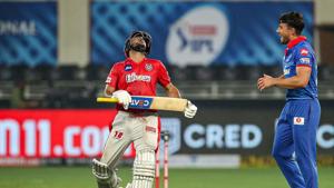 Kings XI Punjab player Mayank Agarwal reacts after Delhi Capitals player Marcus Stoinis took his wicket during the cricket match of IPL 2020, at Dubai International Cricket Stadium, Dubai.(PTI) Kings XI Punjab player Mayank Agarwal reacts after Delhi Capitals player Marcus Stoinis took his wicket during the cricket match of IPL 2020, at Dubai International Cricket Stadium, Dubai.(PTI)