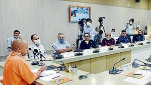 UP CM Yogi Adityanath at Tuesday’s meeting. UP CM Yogi Adityanath at Tuesday’s meeting.