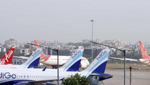 Aircraft stand at Terminal 3 of Indira Gandhi International Airport in New Delhi (Photographer: T. Narayan/Bloomberg) Aircraft stand at Terminal 3 of Indira Gandhi International Airport in New Delhi (Photographer: T. Narayan/Bloomberg)