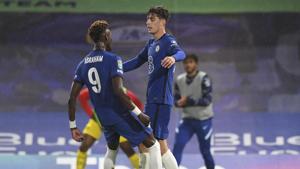 Chelsea's Kai Havertz, right, celebrates with his teammate Tammy Abraham.(AP) Chelsea's Kai Havertz, right, celebrates with his teammate Tammy Abraham.(AP)