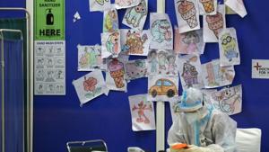 Kids' drawings are displayed on a panel inside a quarantine centre for the coronavirus disease (Covid-19) patients in New Delhi.(Reuters) Kids' drawings are displayed on a panel inside a quarantine centre for the coronavirus disease (Covid-19) patients in New Delhi.(Reuters)