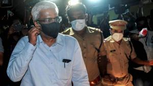 Former principal secretary of Kerala Chief Minister M Sivasankar leaves the NIA office after being questioned by the agency in Kerala gold smuggling case, in Kochi on Thursday.(PTI)