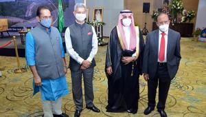 Union minister for external affairs S Jaishankar, Union minister for minority affairs Mukhtar Abbas Naqvi and the national security adviser Ajit Doval with the ambassador of Saudi Arabia to India Dr Saud Mohammed Al-Sati at Saudi Arabia’s National Day, in New Delhi on Wednesday.(ANI) Union minister for external affairs S Jaishankar, Union minister for minority affairs Mukhtar Abbas Naqvi and the national security adviser Ajit Doval with the ambassador of Saudi Arabia to India Dr Saud Mohammed Al-Sati at Saudi Arabia’s National Day, in New Delhi on Wednesday.(ANI)