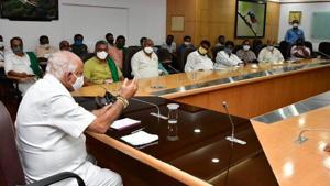 Karnataka chief minister BS Yediyurappa meeting farmer leaders on Sept 25, 2020. (Photo @CMofKarnataka) Karnataka chief minister BS Yediyurappa meeting farmer leaders on Sept 25, 2020. (Photo @CMofKarnataka)