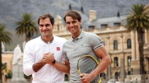 Roger Federer and Rafael Nadal ahead of their "Match in Africa" exhibition tennis match in Cape Town, South Africa.(REUTERS) Roger Federer and Rafael Nadal ahead of their "Match in Africa" exhibition tennis match in Cape Town, South Africa.(REUTERS)
