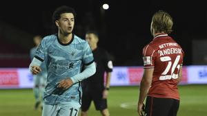 Liverpool's Curtis Jones celebrates after scoring his side’s third goal.(AP) Liverpool's Curtis Jones celebrates after scoring his side’s third goal.(AP)