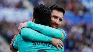 FILE PHOTO: Soccer Football - La Liga Santander - Real Sociedad v FC Barcelona - Anoeta Stadium, San Sebastian, Spain - December 14, 2019 Barcelona's Luis Suarez celebrates scoring their second goal with Lionel Messi REUTERS/Vincent West/File Photo(REUTERS) FILE PHOTO: Soccer Football - La Liga Santander - Real Sociedad v FC Barcelona - Anoeta Stadium, San Sebastian, Spain - December 14, 2019 Barcelona's Luis Suarez celebrates scoring their second goal with Lionel Messi REUTERS/Vincent West/File Photo(REUTERS)