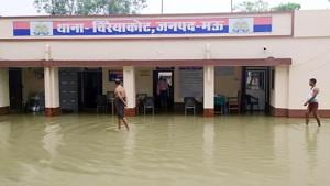 A water-logged police station in UP’s Mhow after heavy rain on Thursday.(ANI) A water-logged police station in UP’s Mhow after heavy rain on Thursday.(ANI)