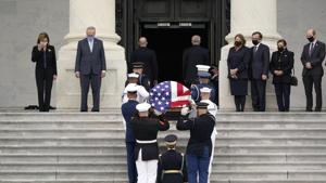The flag-draped casket of Justice Ruth Bader Ginsburg is carried by a joint services military honor guard to lie in state at the US Capitol, Friday, Sept. 25, 2020, in Washington.(AP) The flag-draped casket of Justice Ruth Bader Ginsburg is carried by a joint services military honor guard to lie in state at the US Capitol, Friday, Sept. 25, 2020, in Washington.(AP)