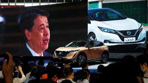 Nissan Chief Executive Officer Makoto Uchida speaks at Nissan booth via video link during the presentation of Nissan's Ariya model during the Beijing International Automotive Exhibition, or Auto China show, in Beijing, China September 26, 2020.(Reuters photo) Nissan Chief Executive Officer Makoto Uchida speaks at Nissan booth via video link during the presentation of Nissan's Ariya model during the Beijing International Automotive Exhibition, or Auto China show, in Beijing, China September 26, 2020.(Reuters photo)
