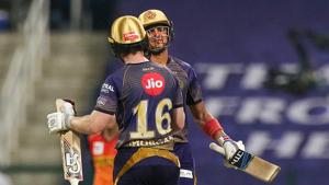 Abu Dhabi: Shubman Gill and Eoin Morgan of Kolkata Knight Riders celebrates their win against Sunrisers Hyderabad in Indian Premier League 2020 cricket match at the Sheikh Zayed Stadium, Abu Dhabi, Saturday, Sept. 26,2020.(PTI) Abu Dhabi: Shubman Gill and Eoin Morgan of Kolkata Knight Riders celebrates their win against Sunrisers Hyderabad in Indian Premier League 2020 cricket match at the Sheikh Zayed Stadium, Abu Dhabi, Saturday, Sept. 26,2020.(PTI)