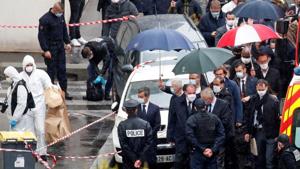 French Prime Minister Jean Castex and French Interior Minister Gerald Darmanin arrive at the scene of a stabbing attack near the former offices of French magazine Charlie Hebdo, in Paris, France.(REUTERS) French Prime Minister Jean Castex and French Interior Minister Gerald Darmanin arrive at the scene of a stabbing attack near the former offices of French magazine Charlie Hebdo, in Paris, France.(REUTERS)