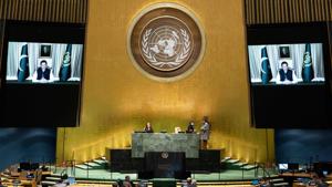 The Indian delegate present in the General Assembly, Mijito Vinito, first secretary at the Indian mission to the UN, had walked out as Khan’s video statement was being played on a large overhead screen.(AFP) The Indian delegate present in the General Assembly, Mijito Vinito, first secretary at the Indian mission to the UN, had walked out as Khan’s video statement was being played on a large overhead screen.(AFP)