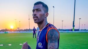 Hardik Pandya in training.(Mumbai Indians/Twitter) Hardik Pandya in training.(Mumbai Indians/Twitter)