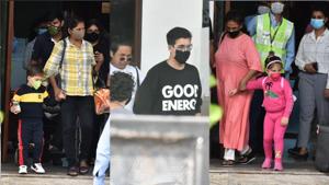 Karan Johar with son Yash and daughter Roohi at Kalina airport on Sunday.(Varinder Chawla) Karan Johar with son Yash and daughter Roohi at Kalina airport on Sunday.(Varinder Chawla)
